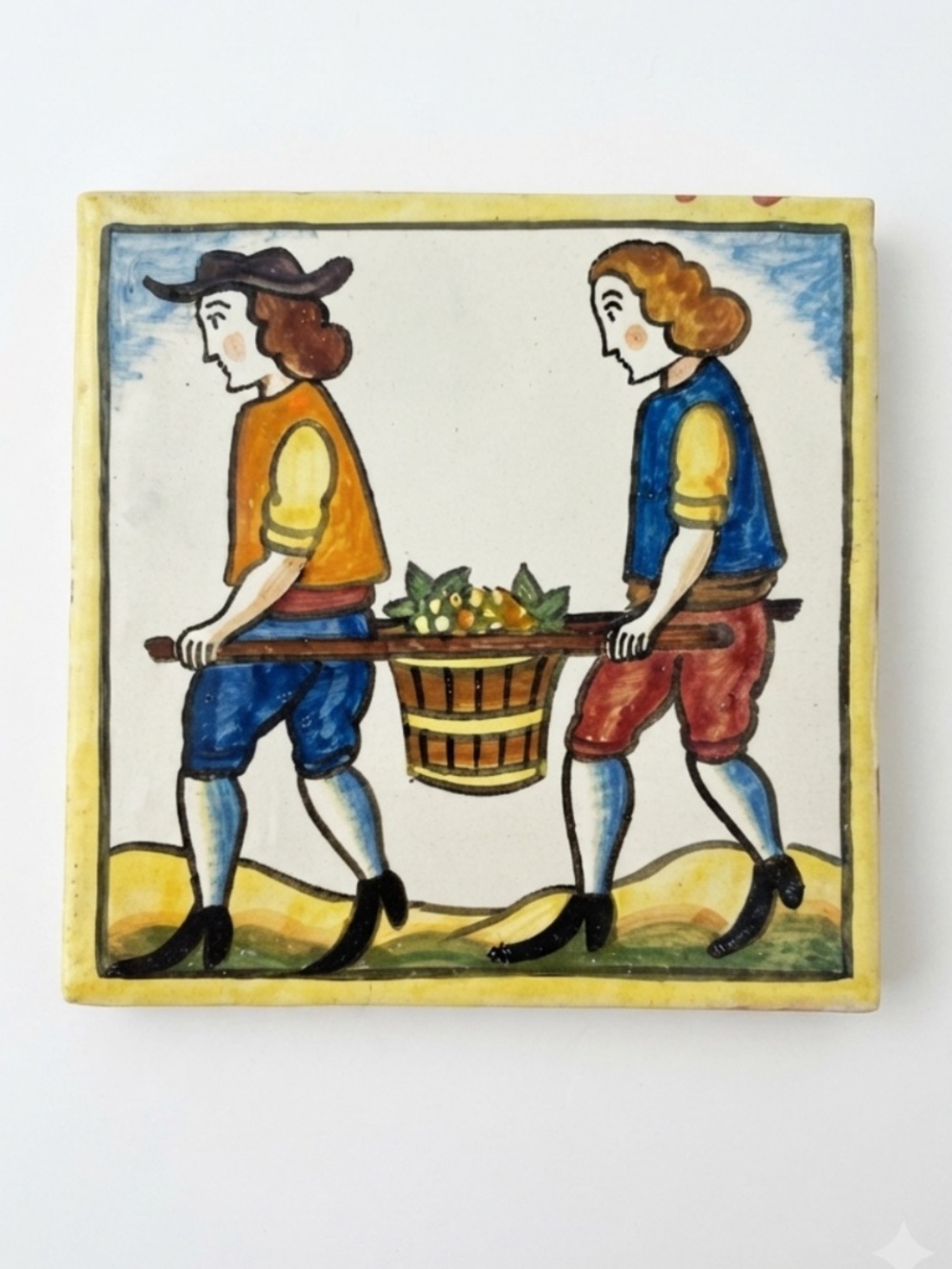 90s Italian Vintage Hand-Painted Decorative Tile: Traditional Harvest Scene